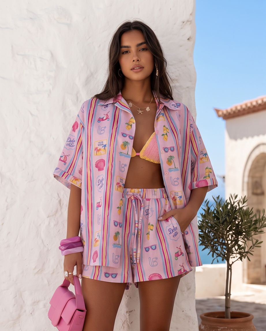 Linen Summer Set - Pink print (short sleeve)